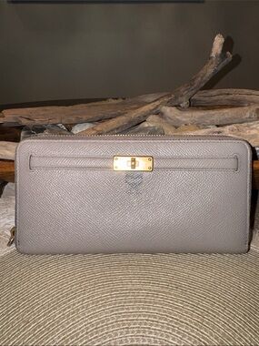 MCM Taupe Leather Zip Wallet with Gold Hardware